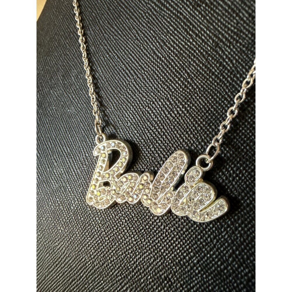 Barbie-Inspired Silver Rhinestone Pendant Necklace Script Logo  With Chain - Picture 2 of 10